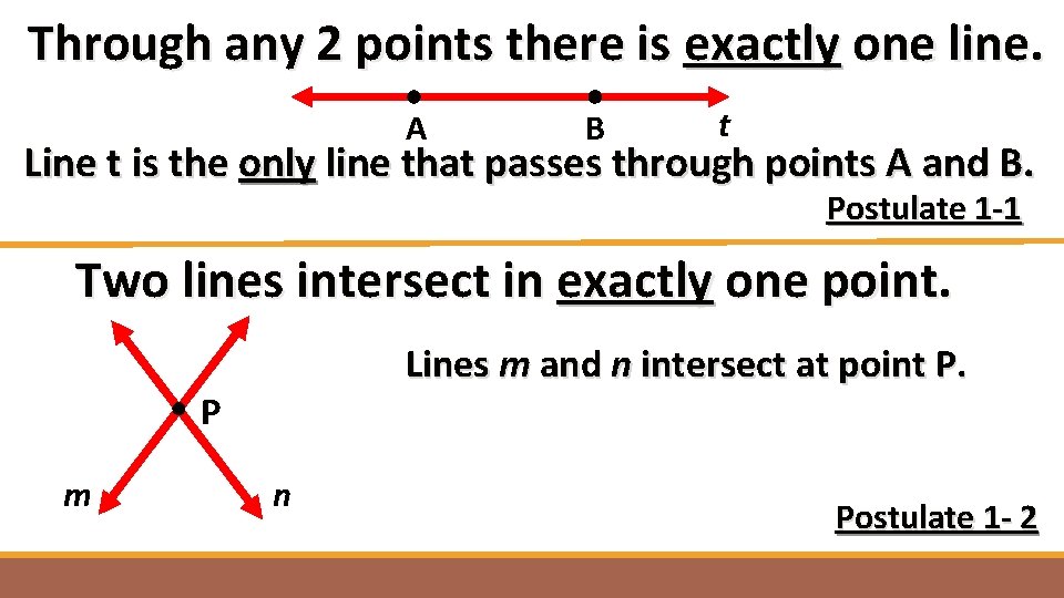 Through any 2 points there is exactly one line. B A t Line t