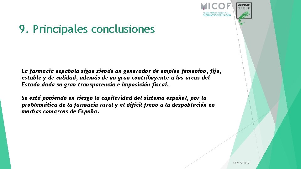 9. Principales conclusiones La farmacia española sigue siendo un generador de empleo femenino, fijo,