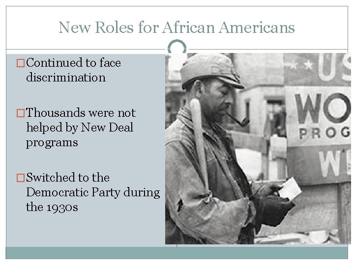 New Roles for African Americans �Continued to face discrimination �Thousands were not helped by