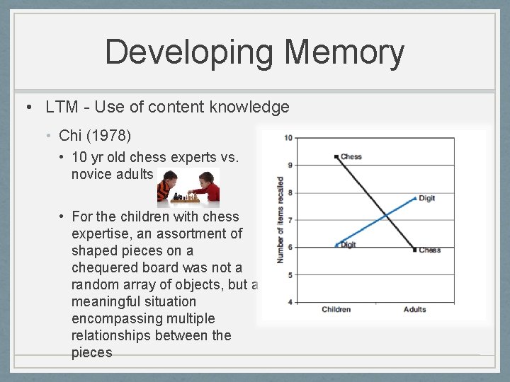 Developing Memory • LTM - Use of content knowledge • Chi (1978) • 10