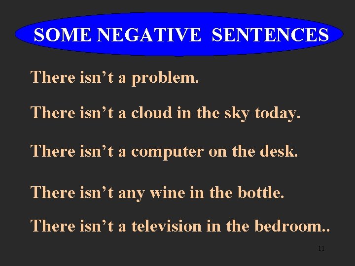 SOME NEGATIVE SENTENCES There isn’t a problem. There isn’t a cloud in the sky