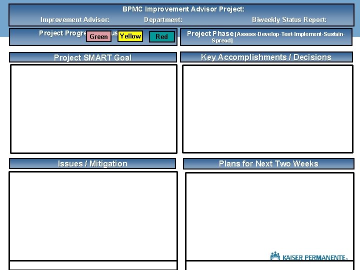 BPMC Improvement Advisor Project: Improvement Advisor: Project Progress/Status Yellow Green Project SMART Goal Issues