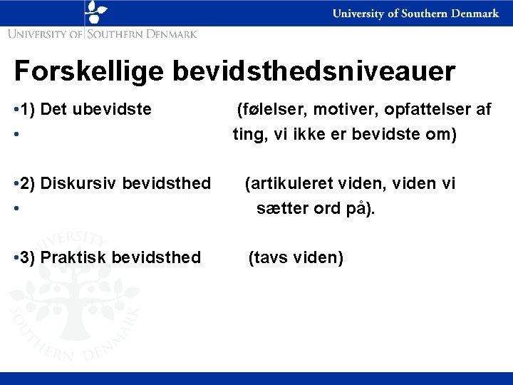 Forskellige bevidsthedsniveauer • 1) Det ubevidste (følelser, motiver, opfattelser af • ting, vi ikke