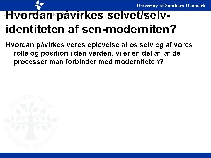 Hvordan påvirkes selvet/selvidentiteten af sen-moderniten? Hvordan påvirkes vores oplevelse af os selv og af