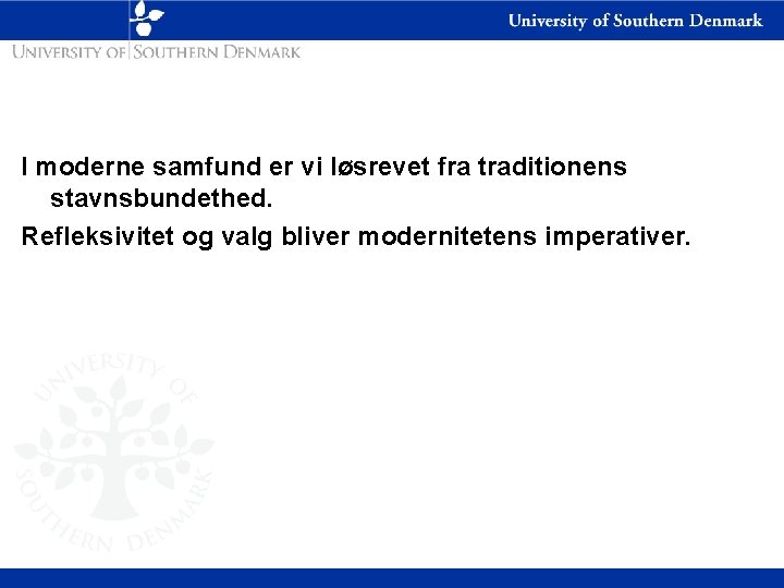 I moderne samfund er vi løsrevet fra traditionens stavnsbundethed. Refleksivitet og valg bliver modernitetens
