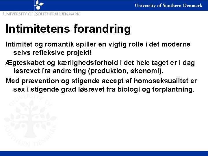 Intimitetens forandring Intimitet og romantik spiller en vigtig rolle i det moderne selvs refleksive