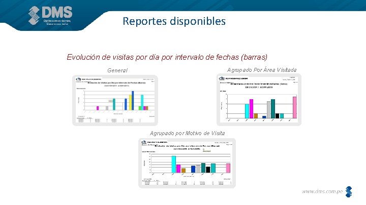 Reportes disponibles Evolución de visitas por día por intervalo de fechas (barras) Agrupado Por