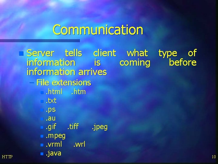 Communication n Server tells client what type of information is coming before information arrives