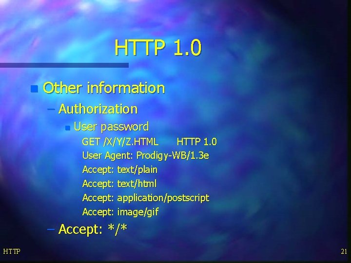 HTTP 1. 0 n Other information – Authorization n User password GET /X/Y/Z. HTML