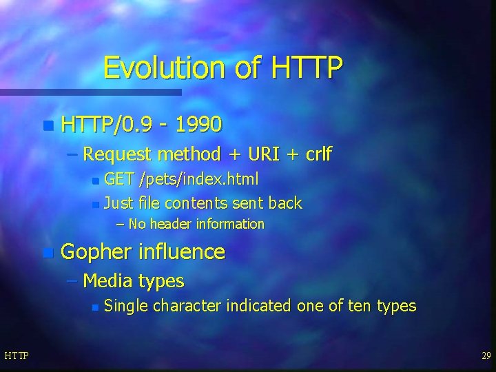 Evolution of HTTP n HTTP/0. 9 - 1990 – Request method + URI +