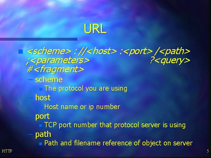 URL n <scheme> : //<host> : <port> /<path> ; <parameters> ? <query> #<fragment> –