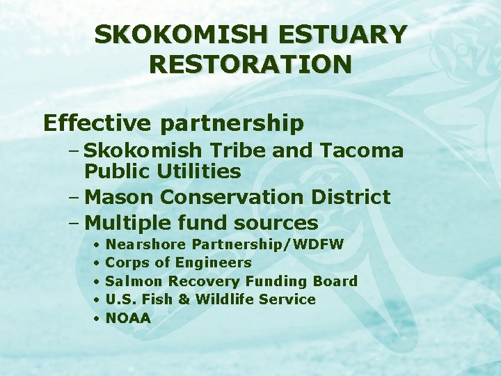 SKOKOMISH ESTUARY RESTORATION Effective partnership – Skokomish Tribe and Tacoma Public Utilities – Mason