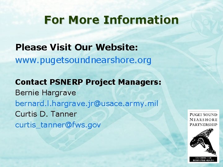 For More Information Please Visit Our Website: www. pugetsoundnearshore. org Contact PSNERP Project Managers:
