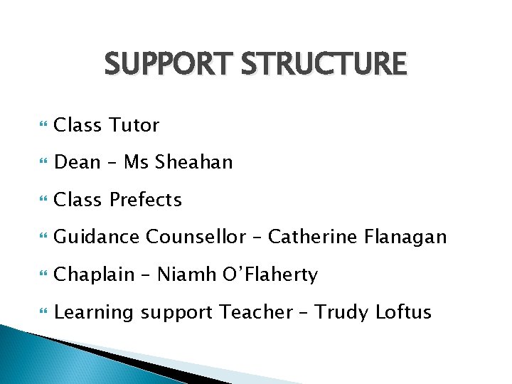 SUPPORT STRUCTURE Class Tutor Dean – Ms Sheahan Class Prefects Guidance Counsellor – Catherine