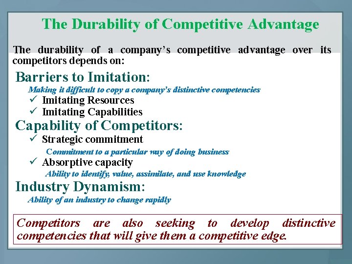 The Durability of Competitive Advantage The durability of a company’s competitive advantage over its