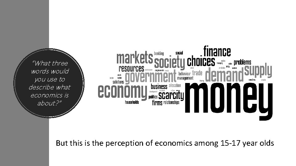 “What three words would you use to describe what economics is about? ” But