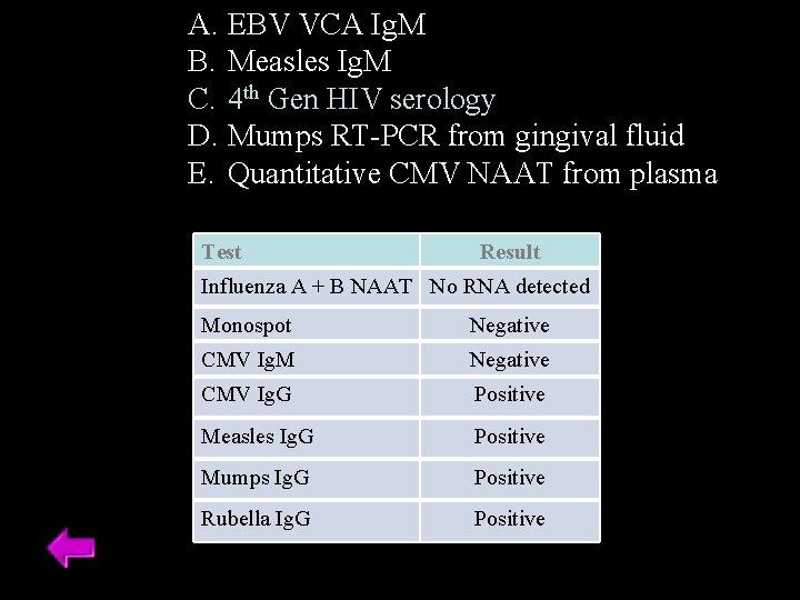 A. EBV VCA Ig. M B. Measles Ig. M C. 4 th Gen HIV A. EBV VCA Ig. M B. Measles Ig. M C. 4 th Gen HIV