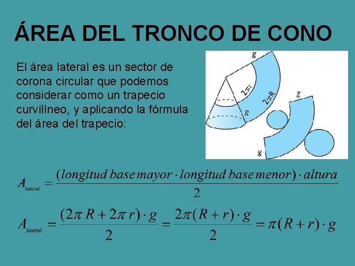 ÁREA DEL TRONCO DE CONO El área lateral es un sector de corona circular