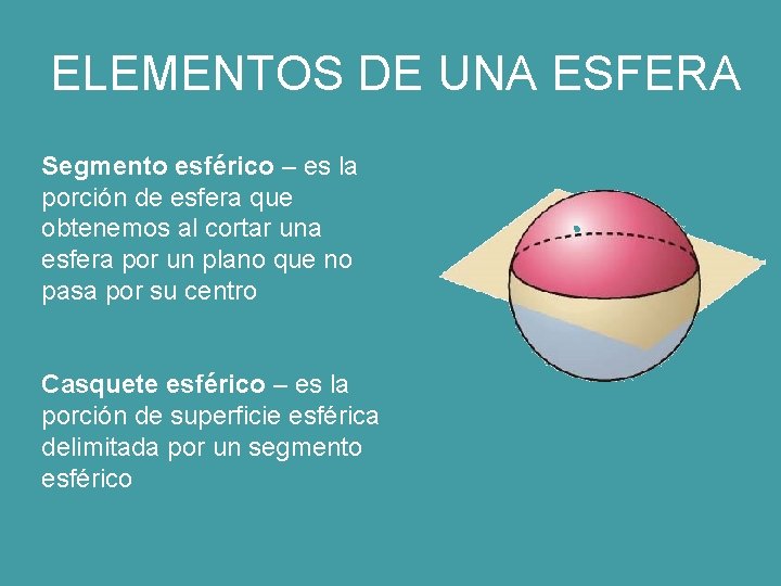 ELEMENTOS DE UNA ESFERA Segmento esférico – es la porción de esfera que obtenemos