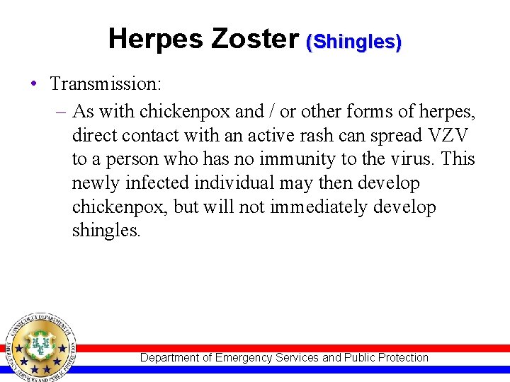 Herpes Zoster (Shingles) • Transmission: – As with chickenpox and / or other forms