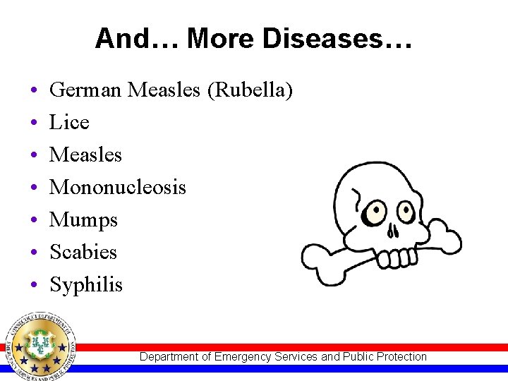 And… More Diseases… • • German Measles (Rubella) Lice Measles Mononucleosis Mumps Scabies Syphilis