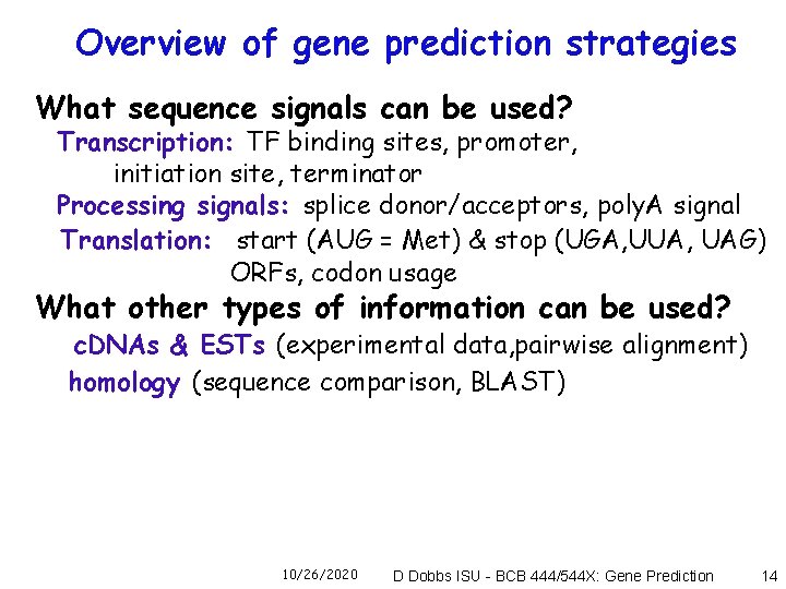 Overview of gene prediction strategies What sequence signals can be used? Transcription: TF binding