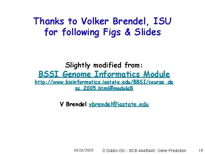 Thanks to Volker Brendel, ISU for following Figs & Slides Slightly modified from: BSSI