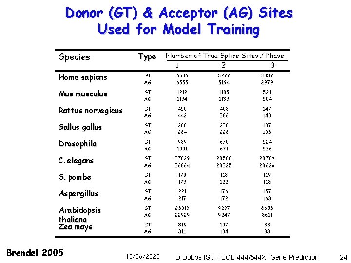 Donor (GT) & Acceptor (AG) Sites Used for Model Training Species Type Number of