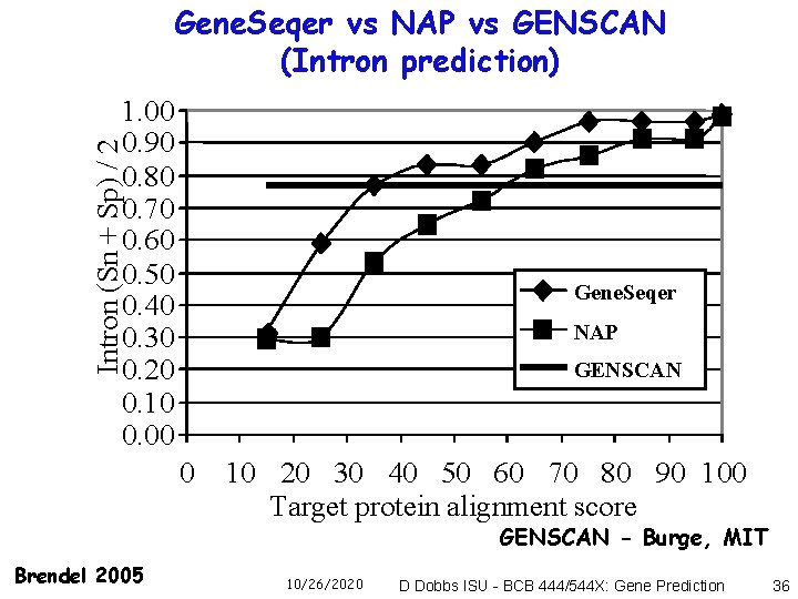 Gene. Seqer vs NAP vs GENSCAN (Intron prediction) Intron (Sn + Sp) / 2