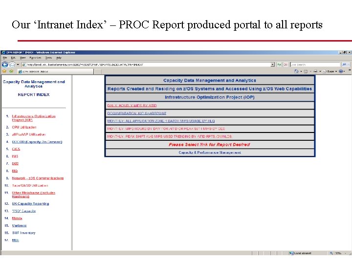 Our ‘Intranet Index’ – PROC Report produced portal to all reports 