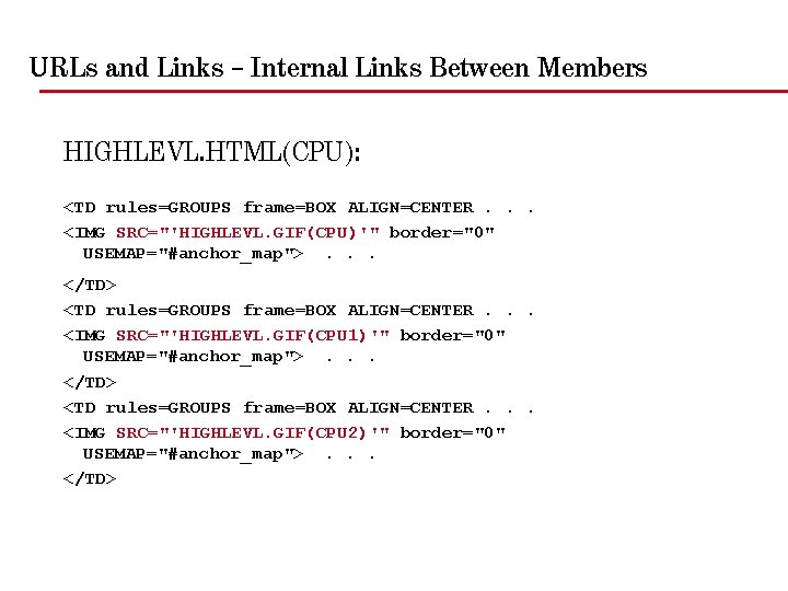 URLs and Links – Internal Links Between Members HIGHLEVL. HTML(CPU): <TD rules=GROUPS frame=BOX ALIGN=CENTER.
