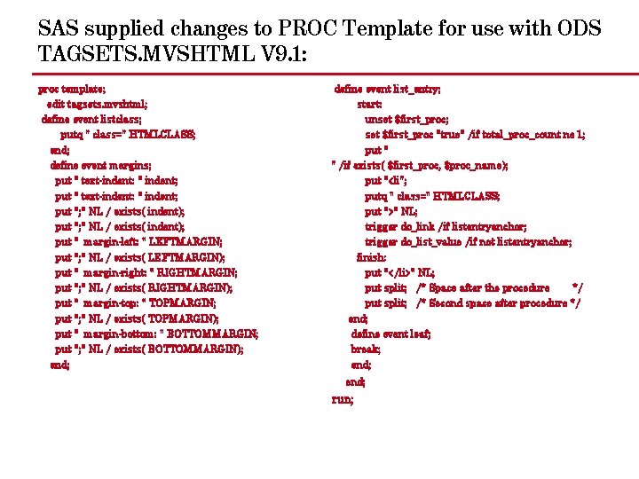 SAS supplied changes to PROC Template for use with ODS TAGSETS. MVSHTML V 9.
