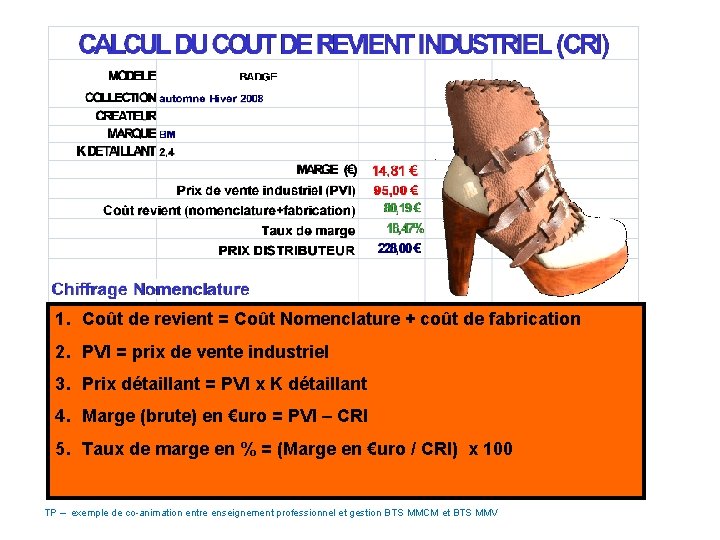 1. Coût de revient = Coût Nomenclature + coût de fabrication 2. PVI =