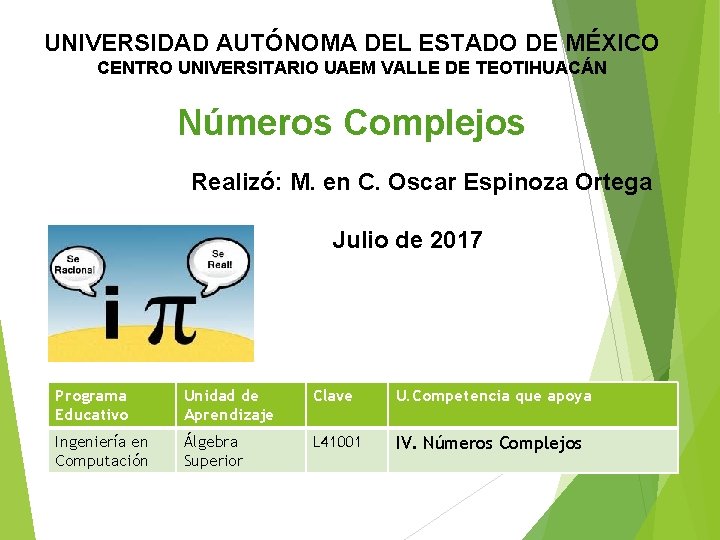 UNIVERSIDAD AUTÓNOMA DEL ESTADO DE MÉXICO CENTRO UNIVERSITARIO UAEM VALLE DE TEOTIHUACÁN Números Complejos