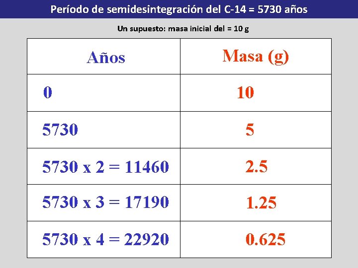 Período de semidesintegración del C-14 = 5730 años Un supuesto: masa inicial del =