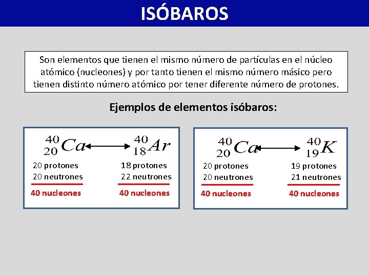 ISÓBAROS Son elementos que tienen el mismo número de partículas en el núcleo atómico