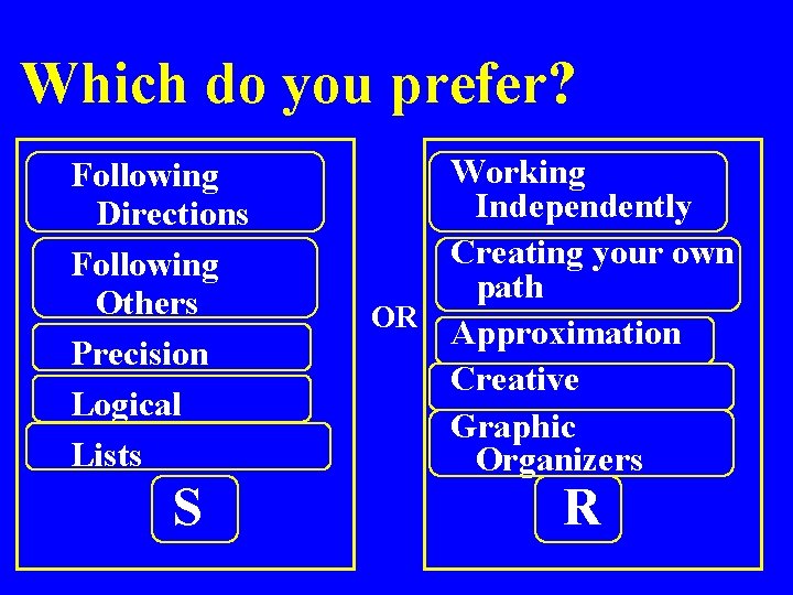 Which do you prefer? Following Directions Following Others Precision Logical Lists S Working Independently Which do you prefer? Following Directions Following Others Precision Logical Lists S Working Independently