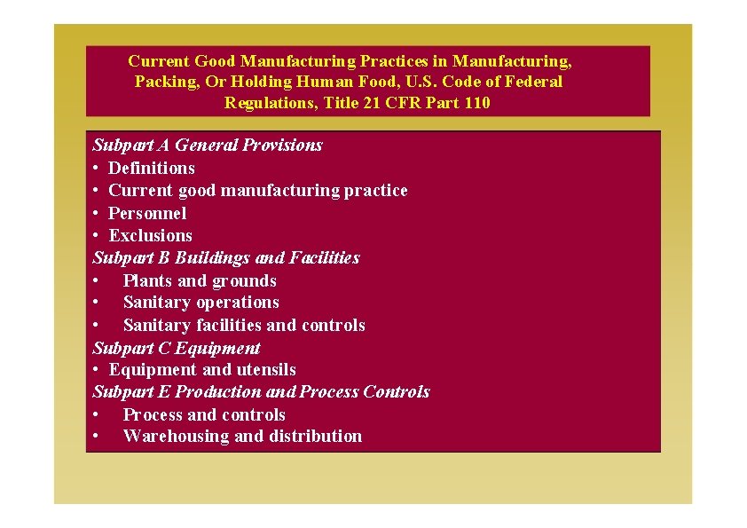 Current Good Manufacturing Practices in Manufacturing, Packing, Or Holding Human Food, U. S. Code