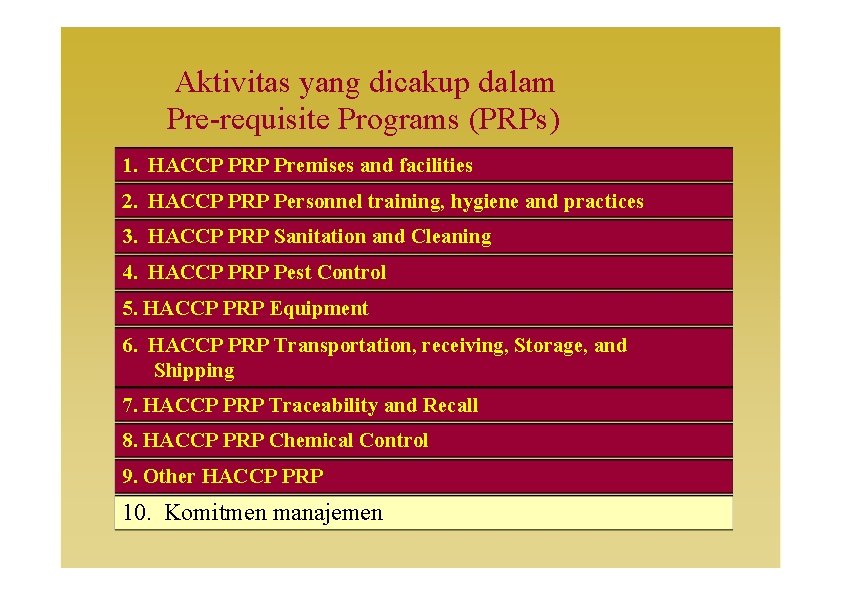 Aktivitas yang dicakup dalam Pre-requisite Programs (PRPs) 1. HACCP PRP Premises and facilities 2.