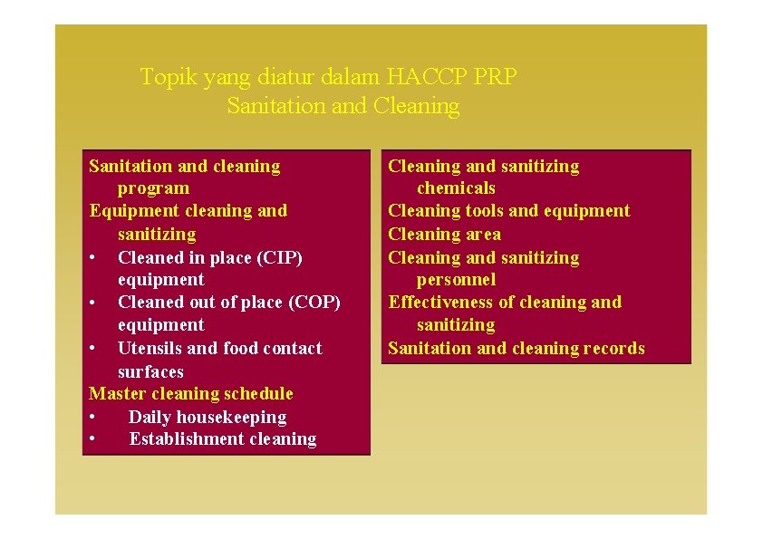 Topik yang diatur dalam HACCP PRP Sanitation and Cleaning Sanitation and cleaning program Equipment