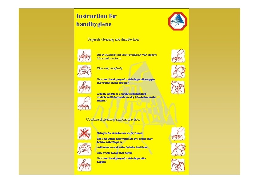 Instruction for handhygiene Separate cleaning and disinfection: Rib in wet hands a nd wrists