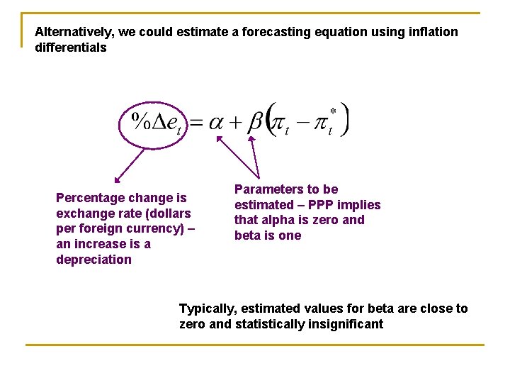 Alternatively, we could estimate a forecasting equation using inflation differentials Percentage change is exchange