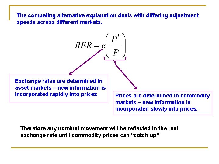 The competing alternative explanation deals with differing adjustment speeds across different markets. Exchange rates