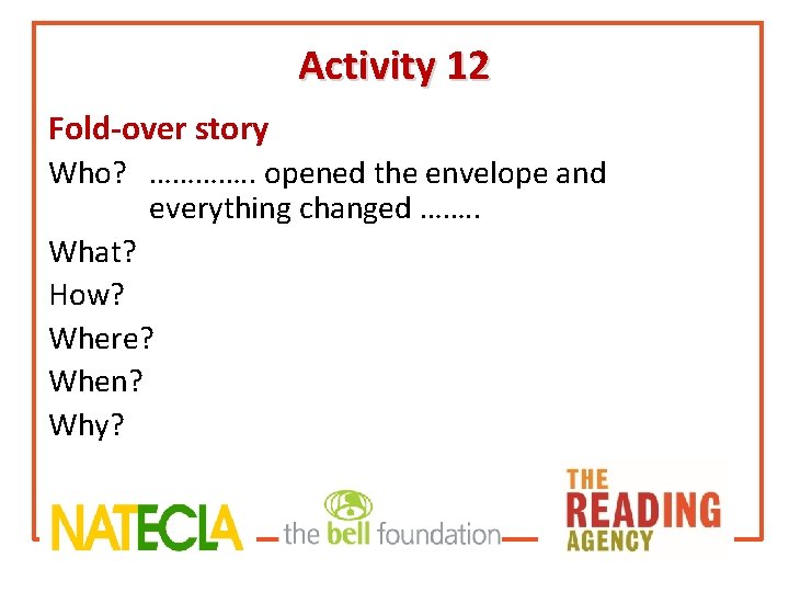 Activity 12 Fold-over story Who? …………. . opened the envelope and everything changed …….