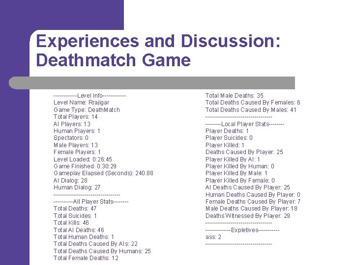 Experiences and Discussion: Deathmatch Game ------Level Info------Level Name: Rrajigar Game Type: Death. Match Total