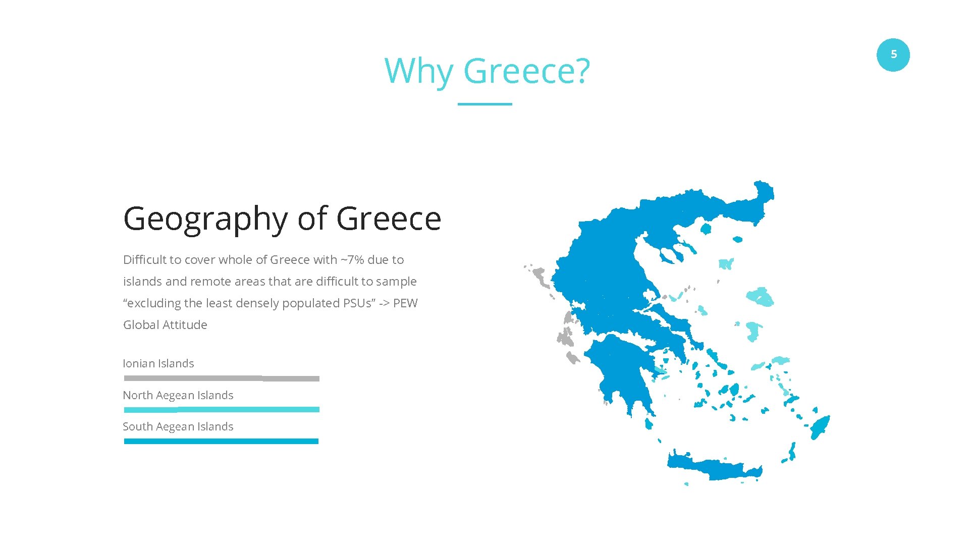 Why Greece? Geography of Greece Difficult to cover whole of Greece with ~7% due