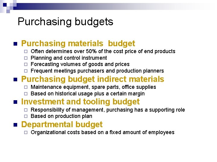Purchasing budgets n Purchasing materials budget ¨ ¨ n Purchasing budget indirect materials ¨ Purchasing budgets n Purchasing materials budget ¨ ¨ n Purchasing budget indirect materials ¨