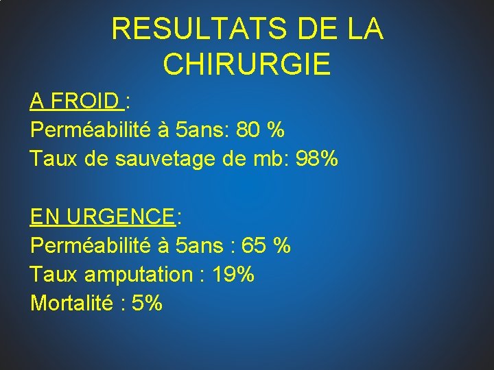 RESULTATS DE LA CHIRURGIE A FROID : Perméabilité à 5 ans: 80 % Taux