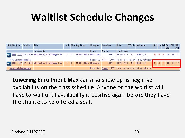 Waitlist Schedule Changes Lowering Enrollment Max can also show up as negative availability on