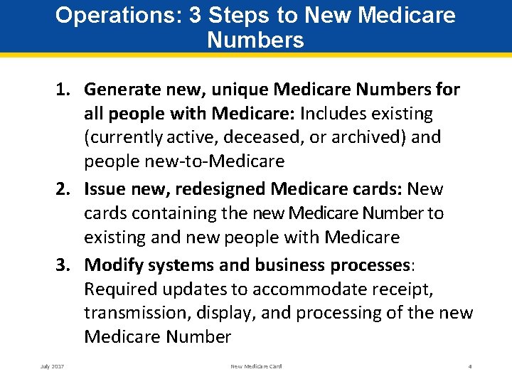 Operations: 3 Steps to New Medicare Numbers 1. Generate new, unique Medicare Numbers for